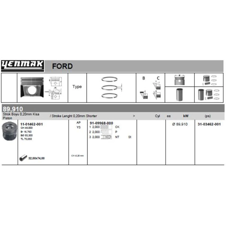 Ford Motor Piston Segman  (89,91mm)/ (std, 0,20 Kisa) Transıt V347 Jumbo 3,2tdci 200ps 2006 /> Amerika Ur - Yenmak 36-03462-001