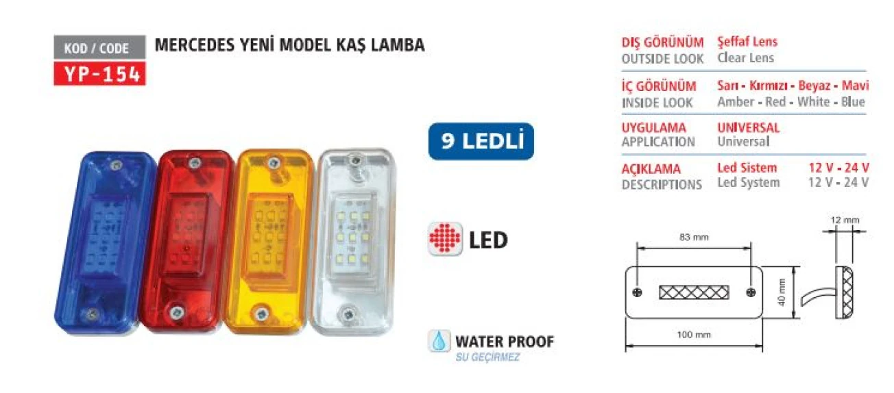Unıversal Truck Kas Lamba Y.m. Mercedes Tip Kirmizi Ledli - Yuceplast Yp-154 K
