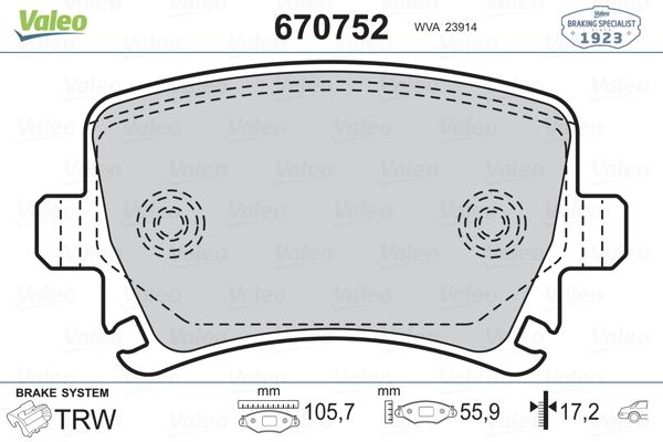 ARKA FREN BALATASI A3 TUM MODELLER 05 / 03> A4 PASSAT 1,6FSI / 1,9TDI / 2,0TDI 95>16 - VALEO 670752