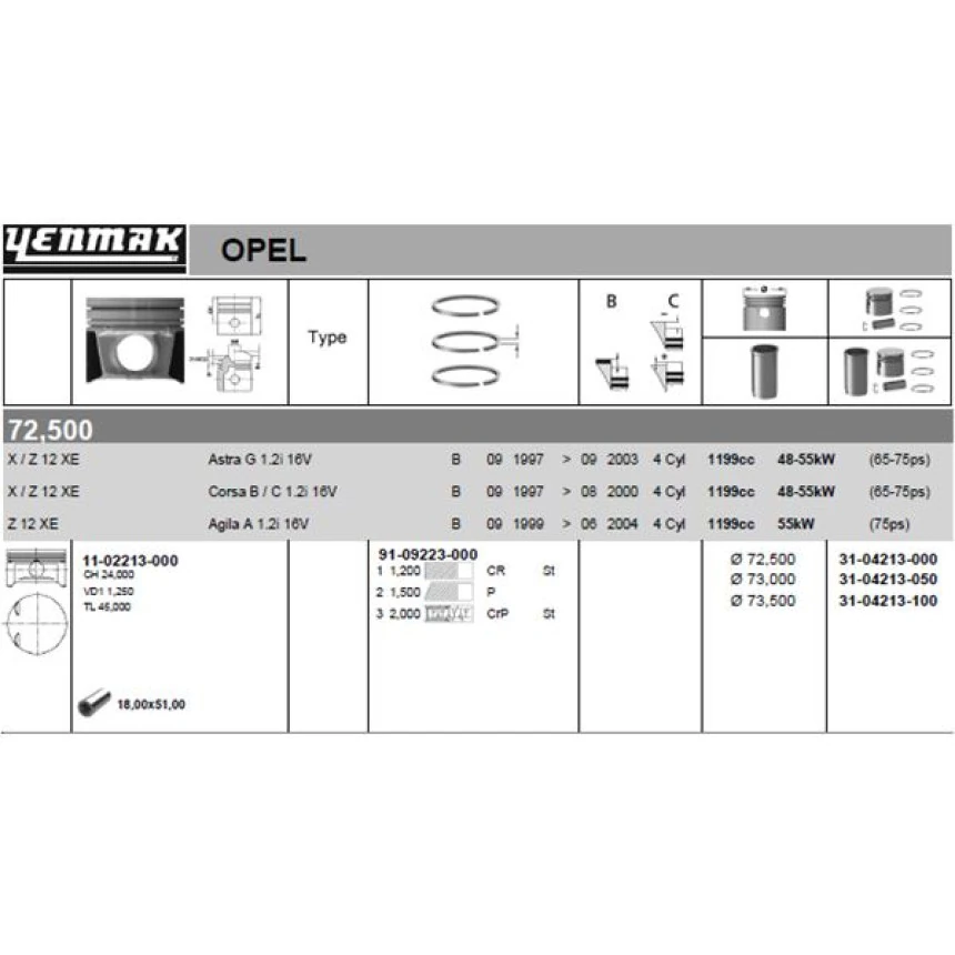 Opel Motor Piston+segman Komple (0,50) 73.00mm Corsa B X12xe Corsa C Astra G Agıla A Z12xe - Yenmak 31-04213-050