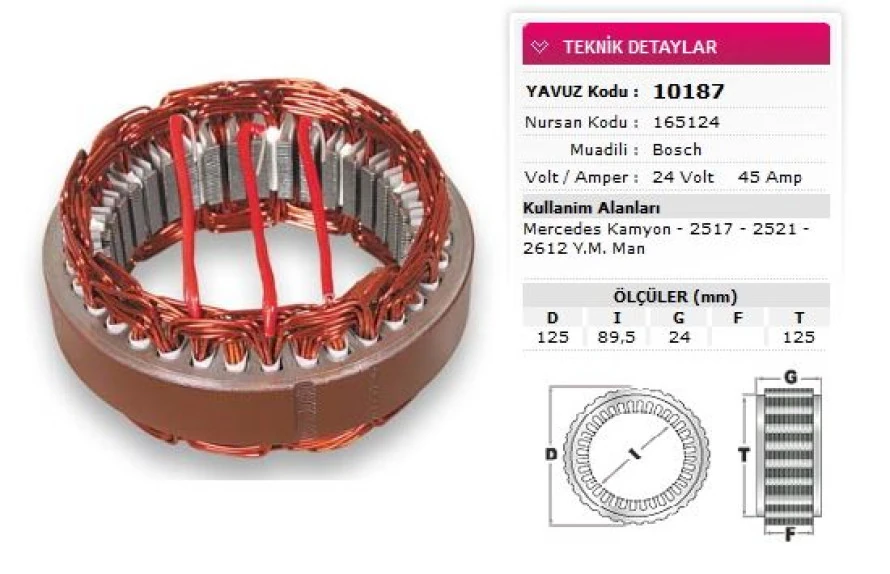 Mercedes Truck Stator Bosch Tip 24v 45a Mercedes 2517 2521 2612 Ym Man Bmc 827 Cargo 3226 Nursan 165124 - Yavuz 10 187