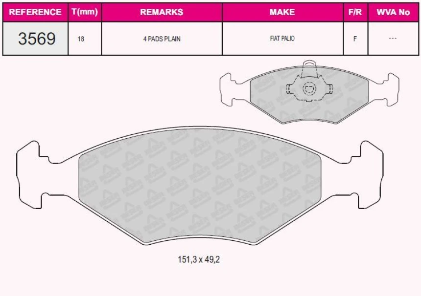 Fiat On Fren Balatası Palıo 178bx 1,2 1,4 1,4 Kat 1,6 16v 4 / 96 08 / 01 Siena 1,2 1,4 1,4 Kat 4 / 96 08 - Grap 93569
