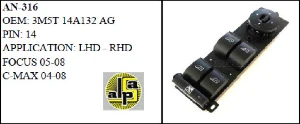 Unıversal Cam Anahtarı>ford Focus - C-Max Sol Ön Dörtlü 04-07  -  14 Pin   >>3m5t14a132ag - Mcar-An316