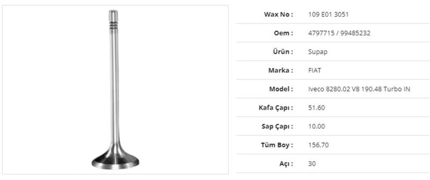 İveco Truck Subap Emme İveco İveco 8280.02 V8 190.48 Turbo 51,6kx10sx156,7bx30a  (8adet) - Wax 109 E01 3051