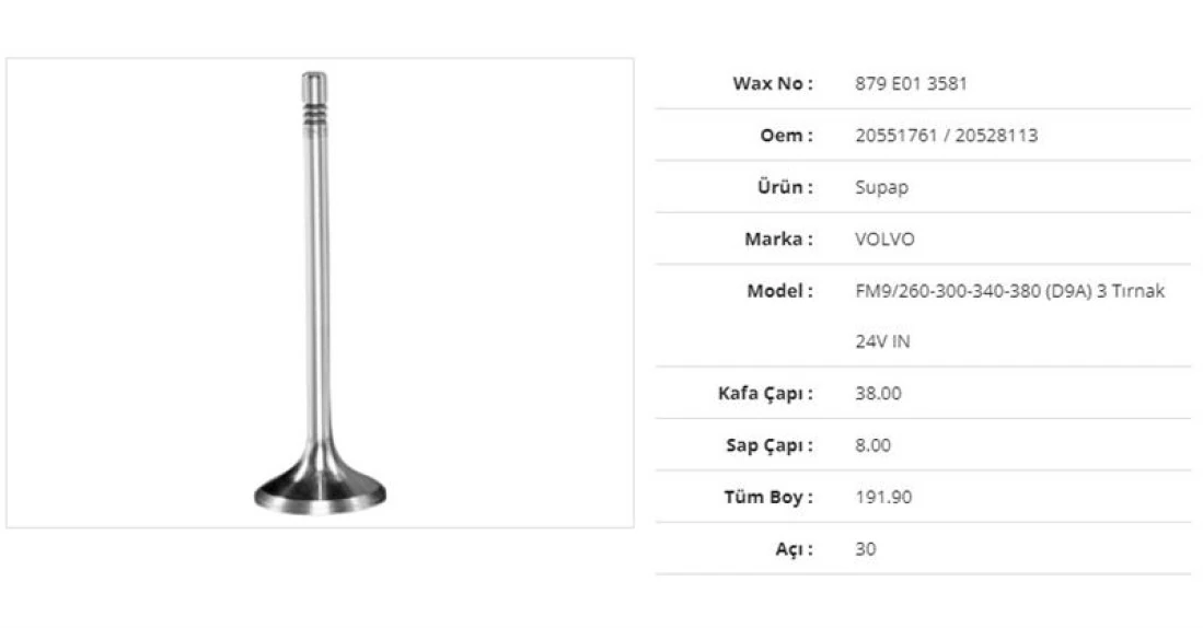 Volvo Truck Subap Emme Volvo Fm9/260-300-340-380(d9a ) 3 Tirnak 24v 38kx8sx191,9bx30a (12adet) - Wax 879 E01 3581