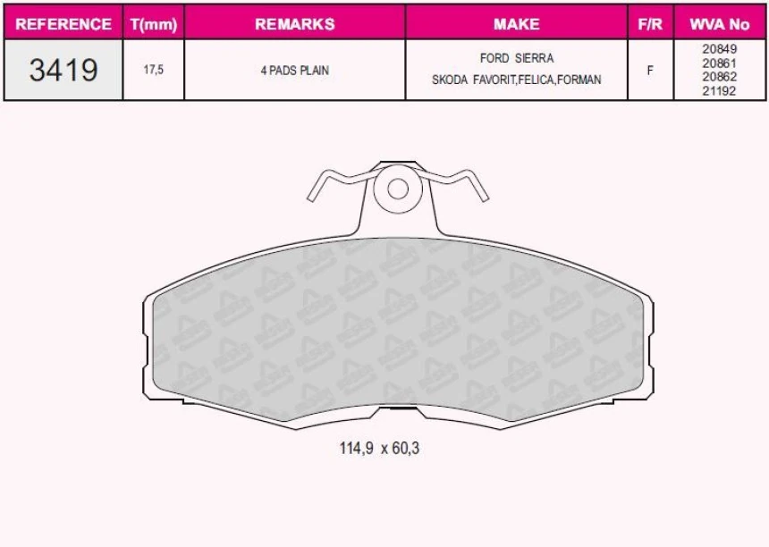 Vag On Fren Balatası Favorıt 1.3 (82>97) Felicia 1 / 2 (1.3 / 1.6 / 1.9) 94>02 Caddy II 1.6 / 1.9 96>00 - Grap 93419