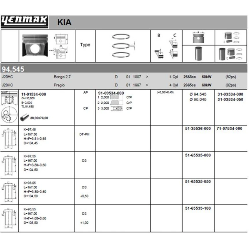 Kia Motor Piston Segman 050 Kia Bongo-Pregio K2700 Motor 1997-> 95,00 MM - Yenmak 36-03534-050