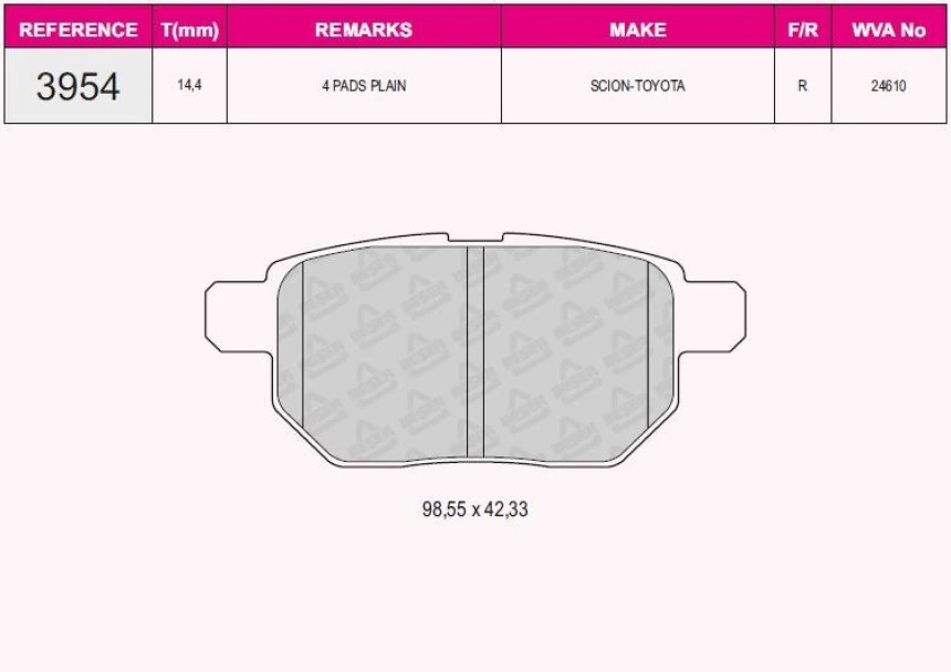 Toyota Arka Fren Balatası Toyota Corolla Aurıs 2007-> Yarıs 1.0 1.3 2005-> Verso 2009-> - Beser 3954