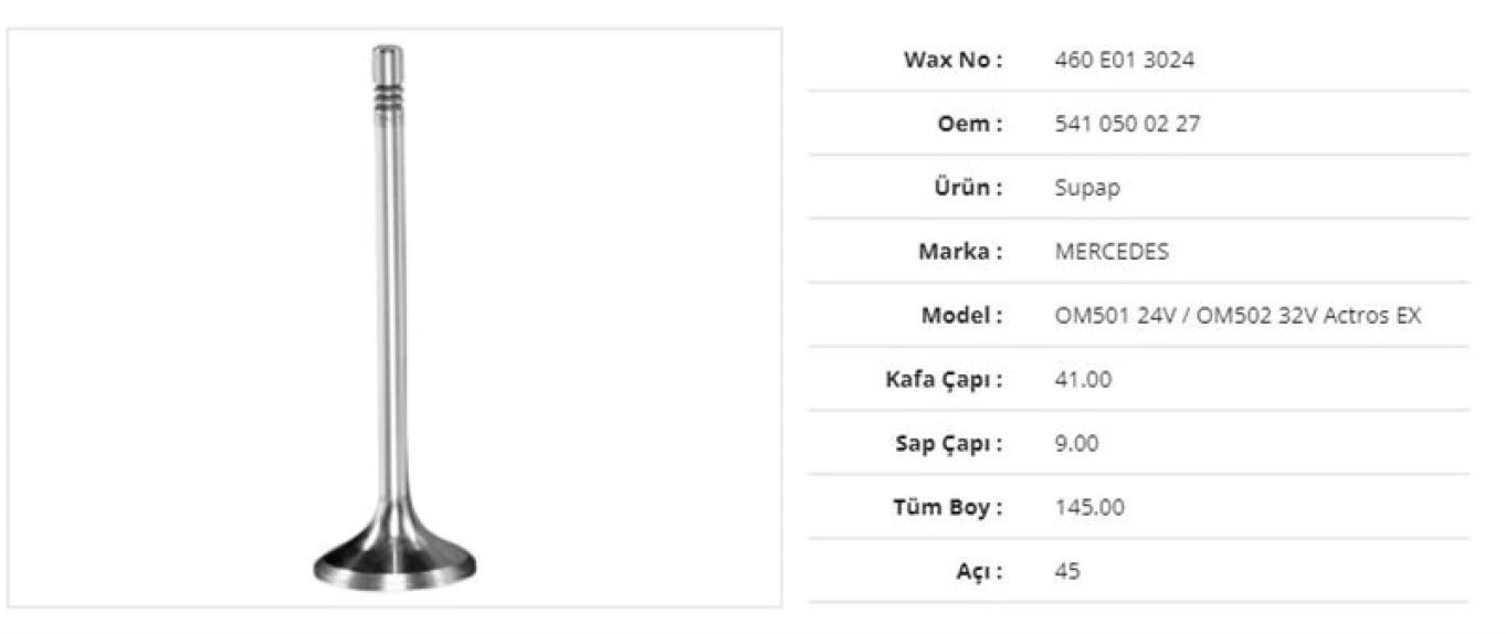 Mercedes Truck Subap Egzoz Mercedes Om501 24v  Om502 32v Actros 41kx9sx145bx45a (12adet ) - Wax 460 E01 3024