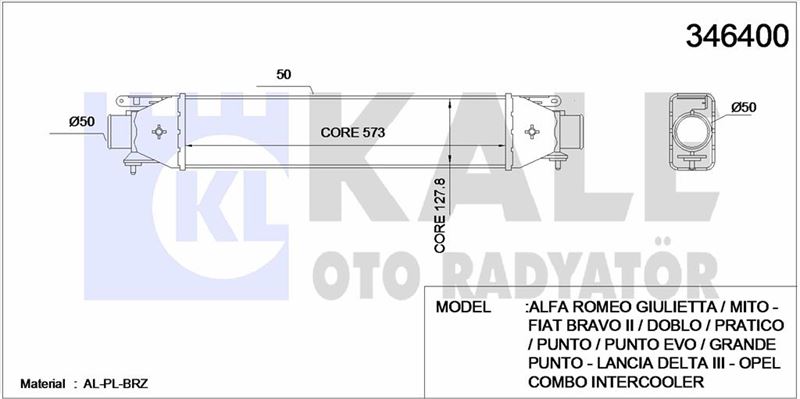 TURBO RADYATORU DOBLO III PUNTO BRAVO 1,4TJET / 1,6DMULTIJET / 1,9DMULTIJET 1.3 MJET - KALE 346400