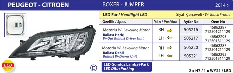 Fiat Far Sag Ducato Boxer Jumper III 14> Ym (led) Motorlu (ballast Dahıl) - Ayfar 505220