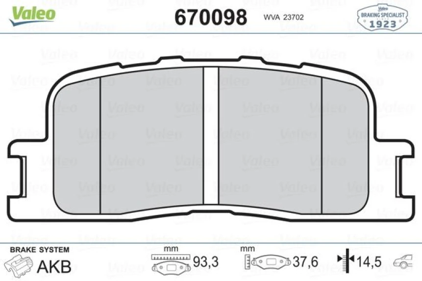 Toyota Arka Fren Balatası Camry 2,0 2,4 3,0 3,3 01-06 Lexus Es 01-06 - Valeo 670098