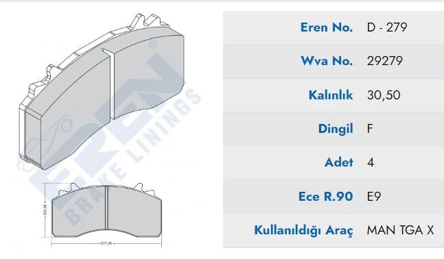 Man Truck Ön / Arka Fren Balatası Man Tgx Ym (wabco Ng22 Kalıper)  (mavı Kutu) - Eren Hp D.279 M201