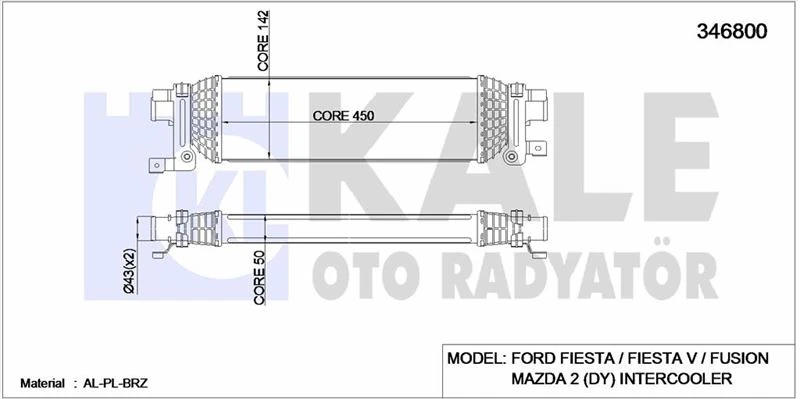 Ford Turbo Radyatoru (intercooler) Fusıon 1,6tdci 90ps 02> Mazda 2 03> 1.4 De 450x142x50 - Kale 346800