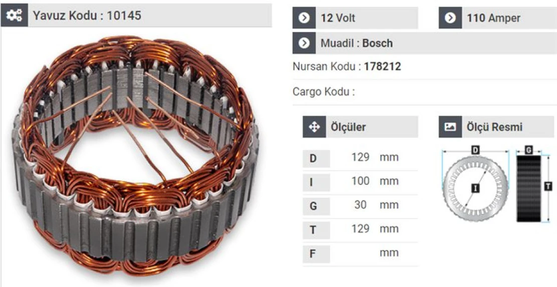 Ford Stator Bosch Tip 12 V 110 A Ford V184 - Yavuz 10 145