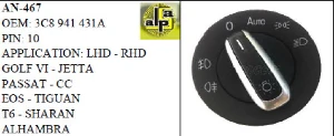 Unıversal Far Anahtarı>vw Golf 6 - Passat Far Anah. Krom Auto   >>3c8941431a - Mcar-An467