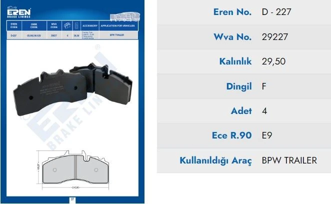 Dorse Truck Fren Balatası Küçük Bpw Dingil Diskli Fren (mavı Kutu) - Eren Hp D.227 M201