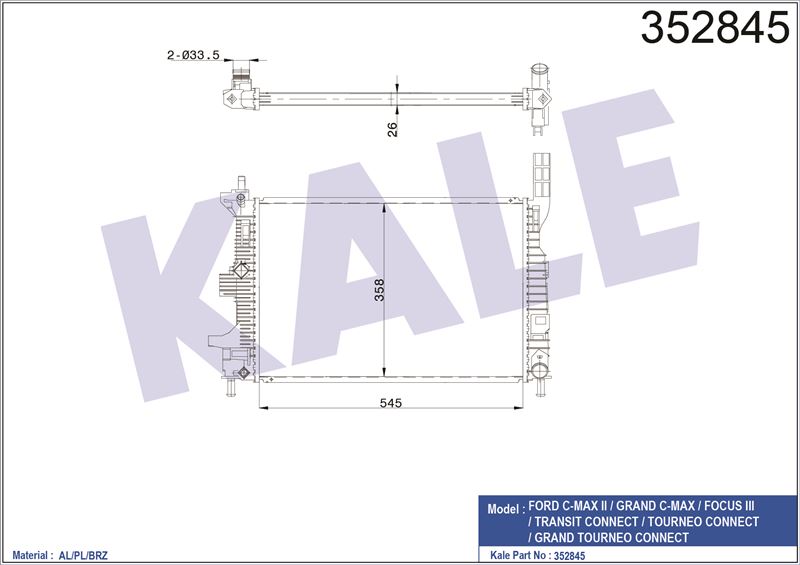 MOTOR SU RADYATORU (BRAZING) FUCUS 1.5 - 1.6 TDCI 11> YENI CONNECT 14> 1.5 - 1.6 TDCI OLCU: (545 X 3 - KALE 352845