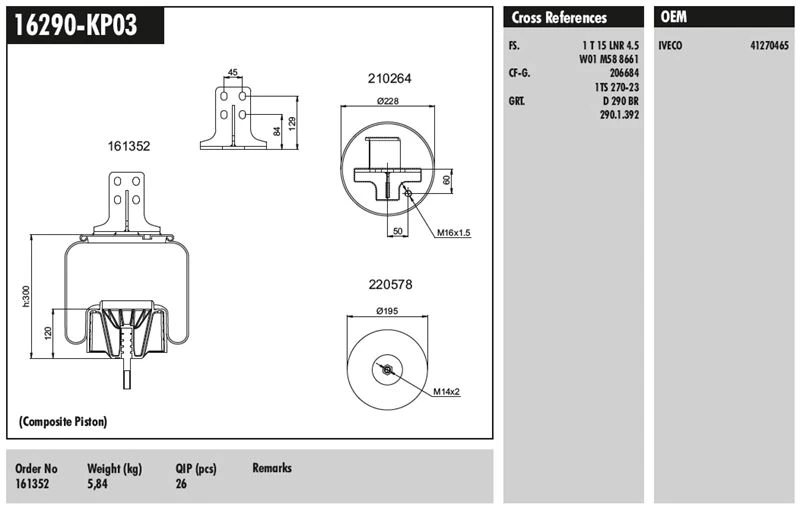 Volvo Truck Komple Plastık Piston - İveco / Stralıs 400 / Eurotech 440e Fp / P4x2 Arka Sol - Connect MD 16290-Kp03