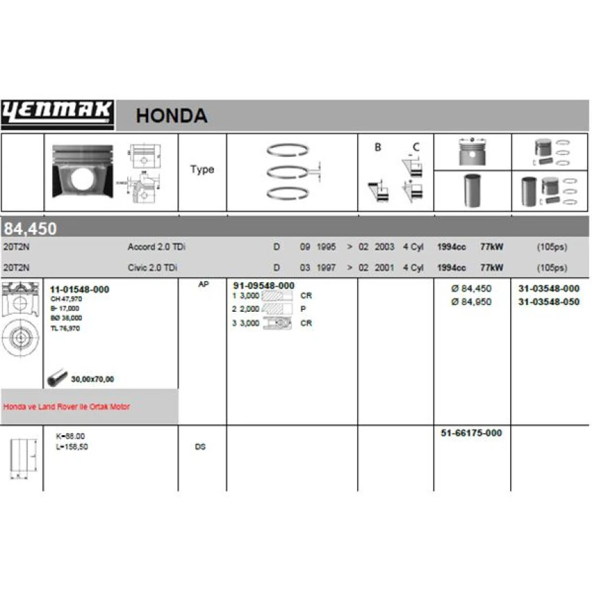 Land Rover Piston + Segman 84.50mm Std 20 T2n Freelander I (l314) 2.0 DI 96>06 - Yenmak 31-03548-000