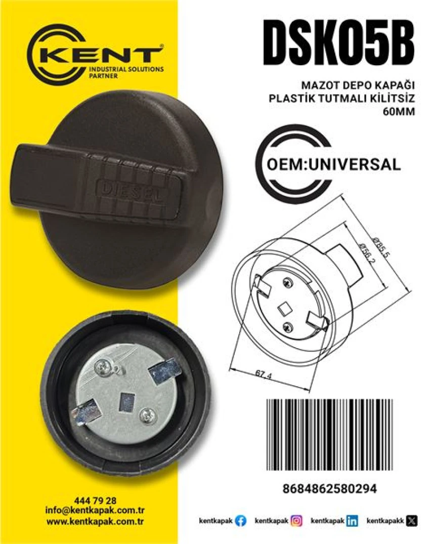 Daf Truck Depo Kapagı Unıversal Plastık Tutmalı Kilitsiz Toz Sapkalı 60mm - Kent Dsk-05-B