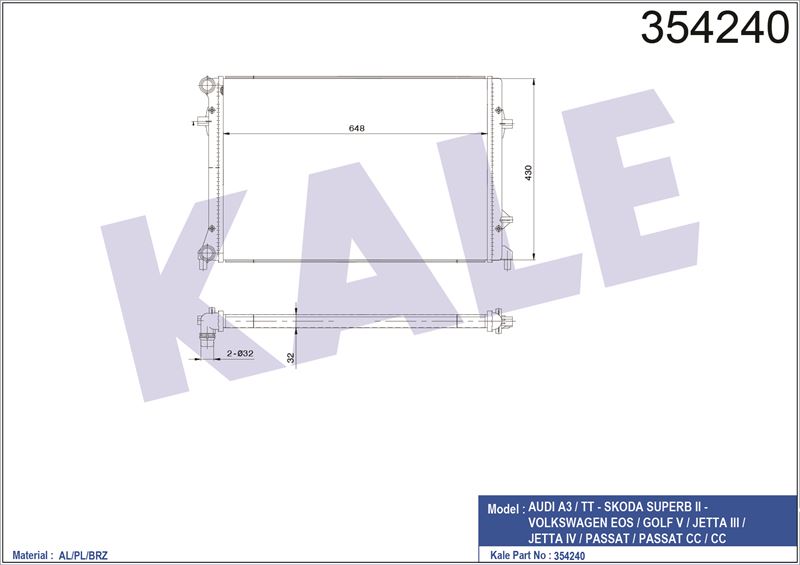 MOTOR RADYATORU (648X460) CADDY PASSAT GOLF JETTA OCTAVIA TOURAN ALTEA SUPERB 2.0TDI CFHC 04>13 - KALE 354240