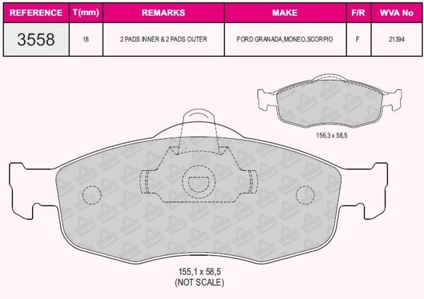 Ford On Fren Balatası Escort 1.6 / 1.8 90>01 Orıon 90>95 Sierra 2.8 82>93 Granada 85>92 Scorpıo 92>94 - Beser 3558