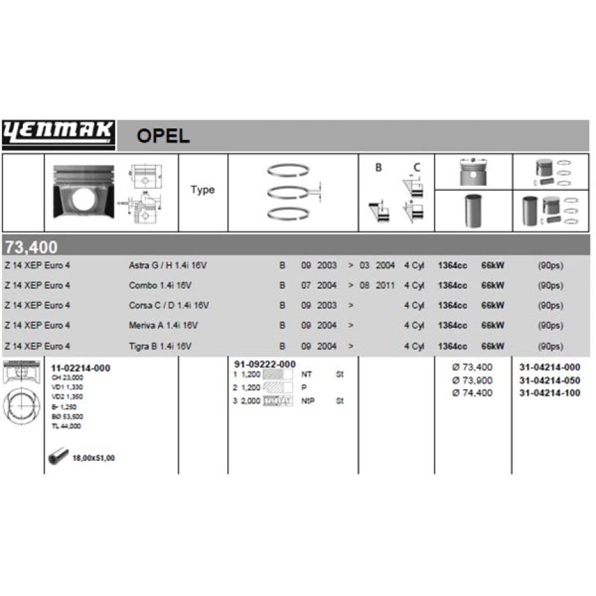 Opel Motor Piston+segman Komple 1,00 (74,40mm) Astra G – Astra H Corsa C – Corsa D – Meriva A – Tigra B - Yenmak 31-04214-100