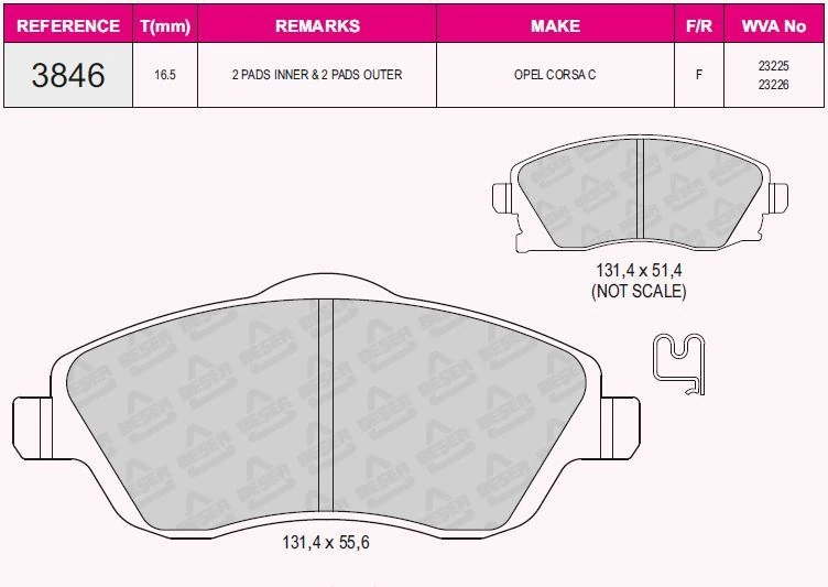 Opel Fren Balatası On Combo C Corsa C 1.3 1.7 Cdti 01 > Meriva 03 > Tigra 04 > - Beser 3846