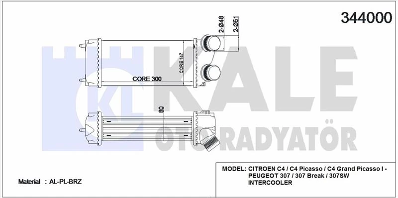 Psa Turbo Sogutucu Radyator (intercoll) P307 Ym C4 C4 Picasso Dv6 (1,6hdi) 06>olcu: (300×147×85) - Kale 344000