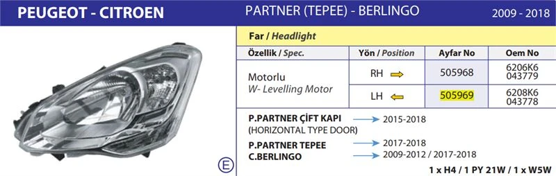 Psa Far+sınyal Sol Elektrikli Motorlu E Belgeli (h4) Berlingo III (08>12) - Ayfar 505969
