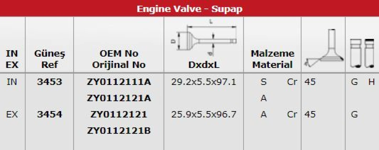Mazda Subap Takımı Mazda 3 16v (in 8 / Ex 8) - Gunes 3453-3454
