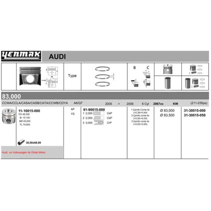 Vag Piston+segman (83,51mm 0,50) Phaeton A4 A6 A8 Q7 Touareg 3,0tdi (204 / 211 / 224 / 225 / 233 Ps) Asb - Yenmak 31-30015-050