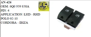Unıversal Cam Anahtarı>vw Polo Önden Arka Kum. Cordoba - İbiza Çiftli   >>6q0959858a - Mcar-An426