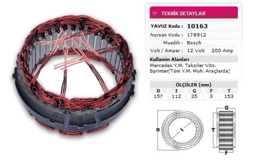 Mercedes Stator Bosch Tip 12v 200a Mercedes Ym Taksıler Vito Sprinter Tum Ym Muh Araclarda Nursan 178912 - Yavuz 10 163