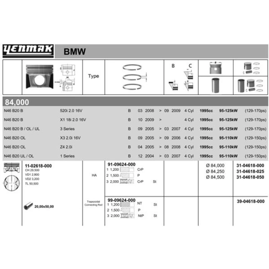 Bmw Piston+segman Ø 84 MM Std Bmw 118i 120i 318i 320i 520i X1 X3 Z4 - Yenmak 31-04618-000