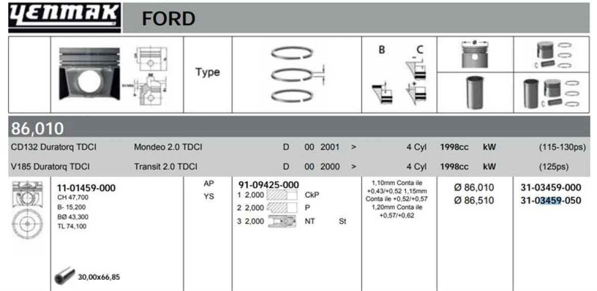 Ford Motor Piston Segman (86,01mm) / (std) Transıt V184 / V185 125ps Mondeo 115ps / 130ps 2,0tdci Durator - Yenmak 36-03459-000