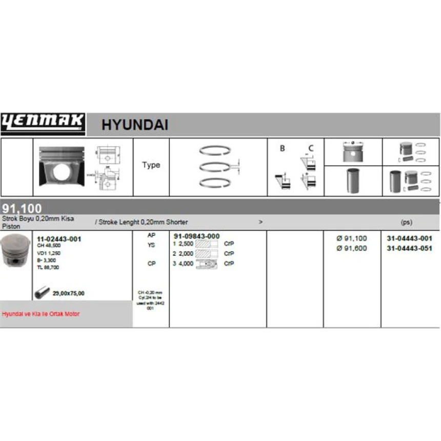 Kia Motor Piston Segman Std Starex Tci 2001-> Kia K2500 Tci 2004-> (2-4 Siralı Piston) D4bh Motor (0,20 - Yenmak 31-04443-001