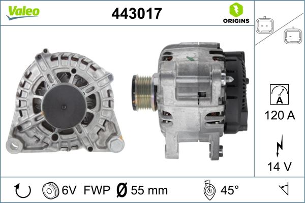ALTERNATOR P208 P301 P2008 P308 (T9) DS3 C3 III CELYSEE EB2 1,0 1,2 120 AMPER - VALEO 443017