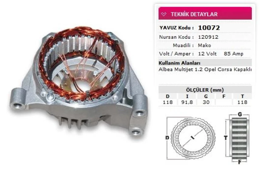 Fiat Stator Mako Tip 12v 85a Albea Multıjet 1 2 Opel Corsa Kapaklı Nursan 120912 - Yavuz 10 072