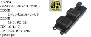 Unıversal Cam Anahtarı>nissan Qashqaı - Note  Sol Dörtlü  >> 25401-9u12 - 25401-Bb65b/60b/25401-4ea1a - Mcar-An984