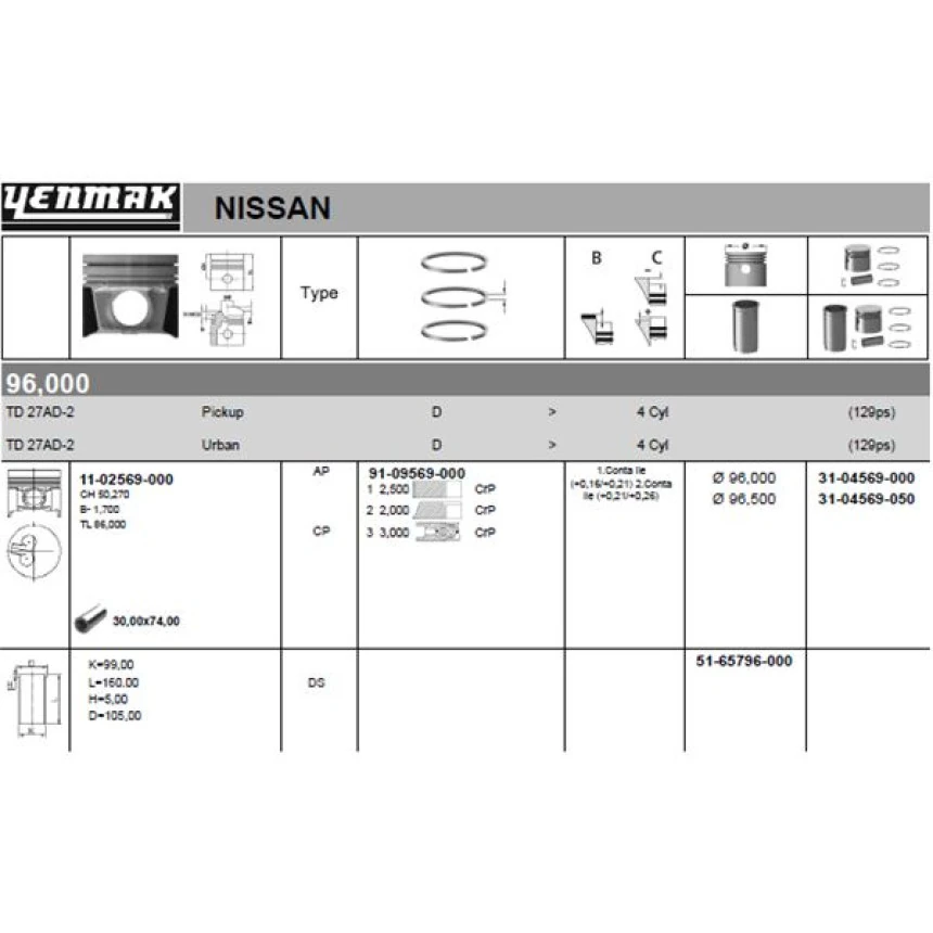 Nissan Motor Piston Segman 050 Nissan D22 2,7 Td27 Motor 1998 -> 96,50 MM - Yenmak 36-04569-050