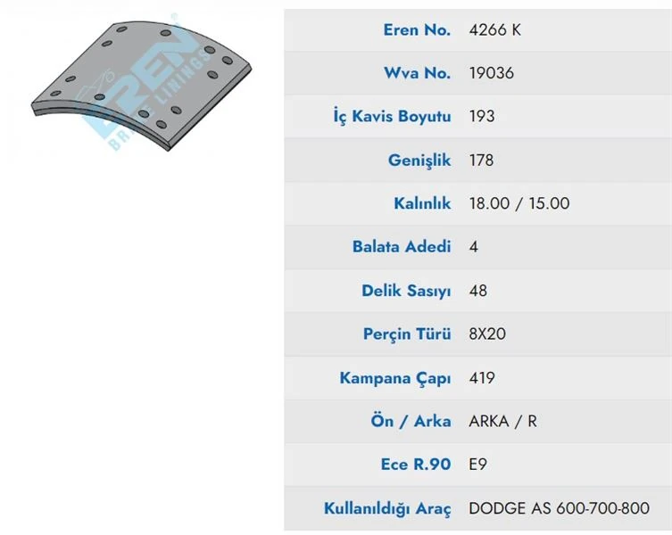 Chrysler Truck On / Arka / Dingil Fren Balatası Pabuc  Treyler Dodge 26.200 - Eren 4879 M71 20 En