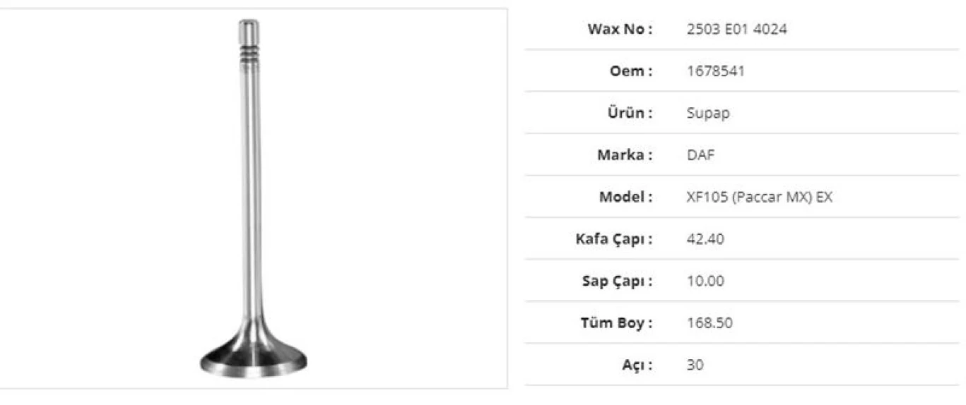 Daf Truck Subap Egzoz Daf Xf105 (paccar Mx)  42,4kx10sx168,5bx30a (12adet) - Wax 2503 E01 4024