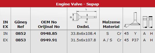 SUBAP TAKIM EMME / EGSOZ P406 P605 R XANTIA XM II ES9J4 (3,0 V6 24V) OLCU: IN (33,8 * 6 * 108,4) / E - GUNES 0852-0853