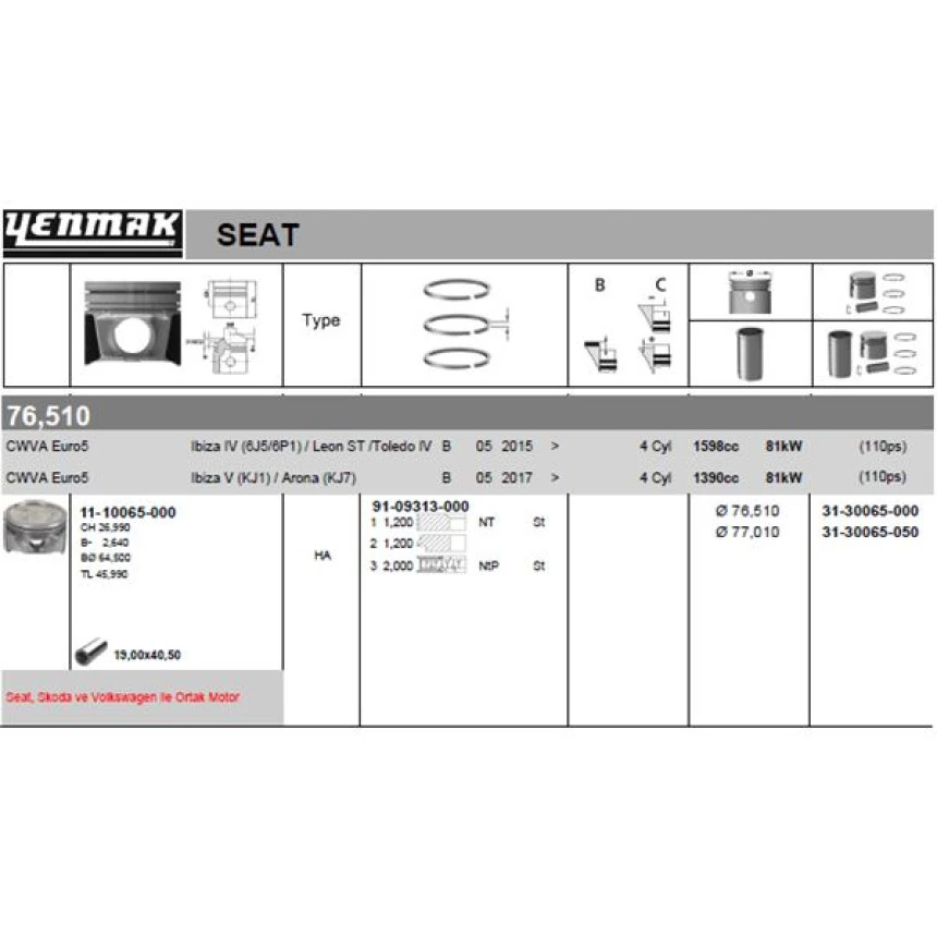 Vag Piston Segman 0.50 Farklı 77,01 MM İbiza Toledo Fabıa Octavıa Yeti Caddy Golf VII Polo 14> - Yenmak 31-30065-050