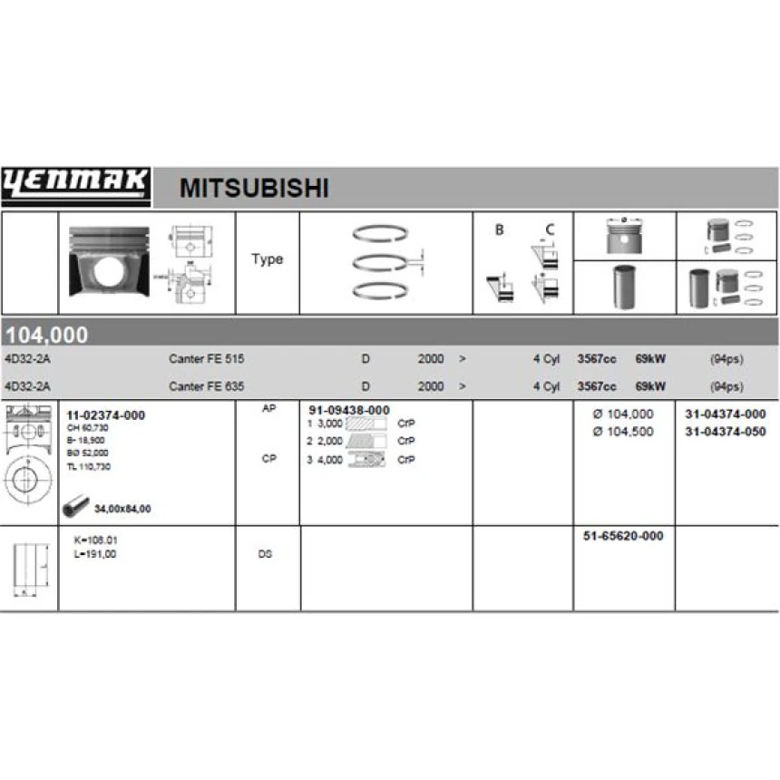 Mitsubıshı Ticarı Piston Segmanlı (0.50) Mitsubıshı Canter Fe515 Fe635 Hd77 (4d32 2a Motor) - Yenmak 31-04374-050