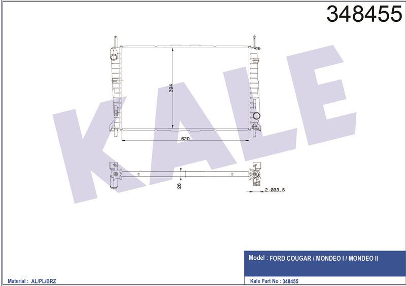 MOTOR SU RADYATORU (+AC) MONDEO I / II 92>00 1,6 / 1,8 / 2,0 OLCU: (620×378×26) KLIMALI - KALE 348455