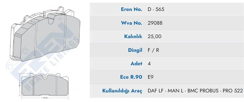 Man Truck On Fren Balata Otokar Otobus  (97-)  (mavı Kutu) - Eren Hp D.565 M201 Yaylı