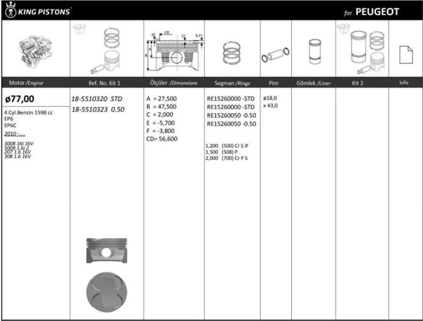 Bmw Piston + Segman 77mm Std Ep6-Ep6cmotor 4 Sil.benzinli 1598 CC 3008 16i 16v*5008 1.6i 2*207 1.6 16v*3 - Kingpiston 18-5510320